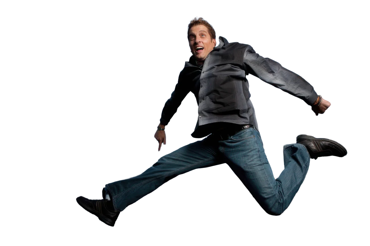 Justin jumping energetically through the typography